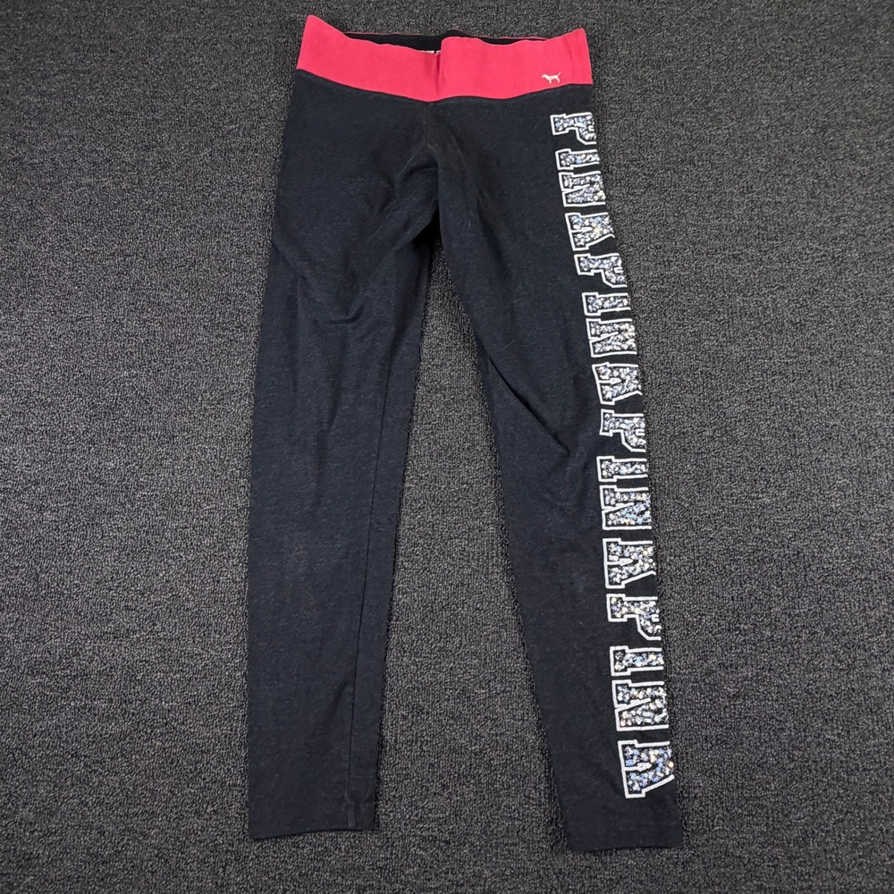 Pink Victoria's Secret Leggings Womens Medium Yoga Black Sequin Logo EUC